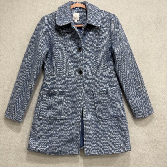 LC Lauren Conrad Coat Womens Small Blue Herringbone Wool Blend Button Front - Picture 1 of 10
